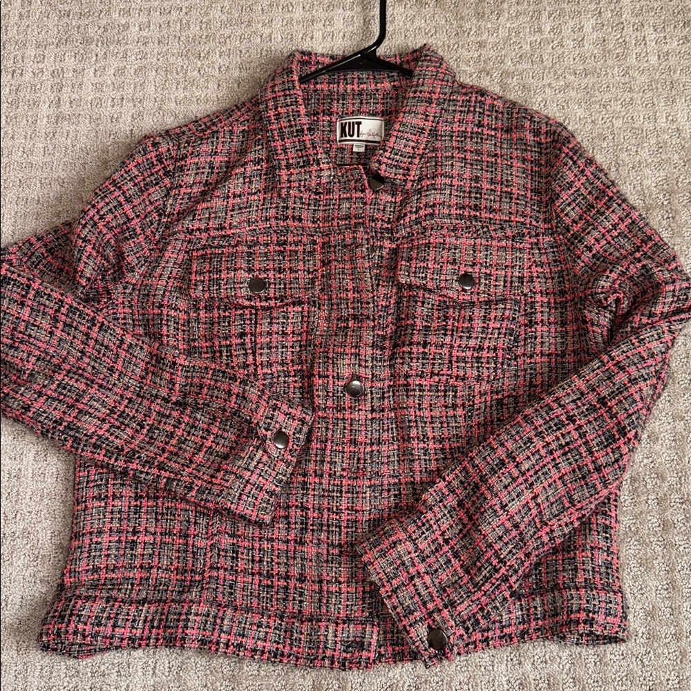 Kut from the Kloth pink tweed moto snap jacket size Large